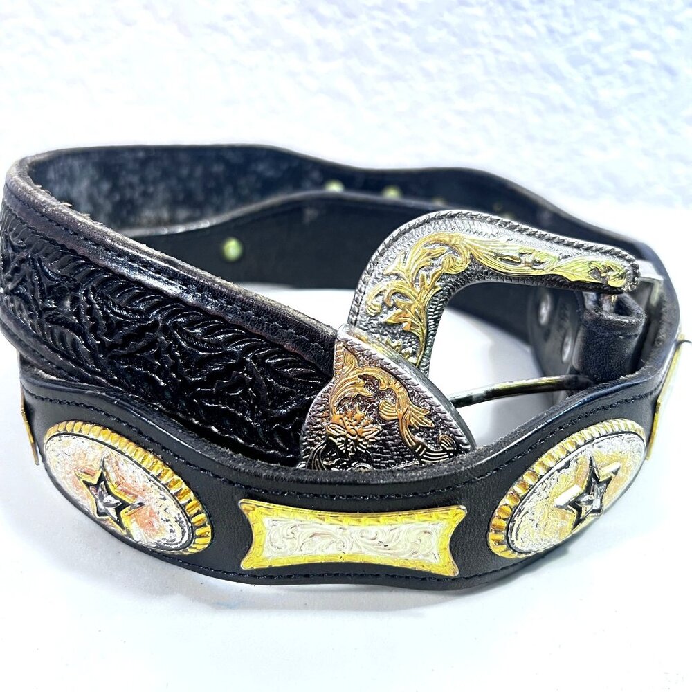 Vtg Western Tooled Leather Belt 38 Silver & Gold Tone Star Conchos Black Unisex‎